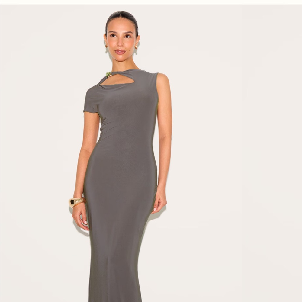 Taupe Maxi Dress with Gold Trim Detail - Picture 1 of 5